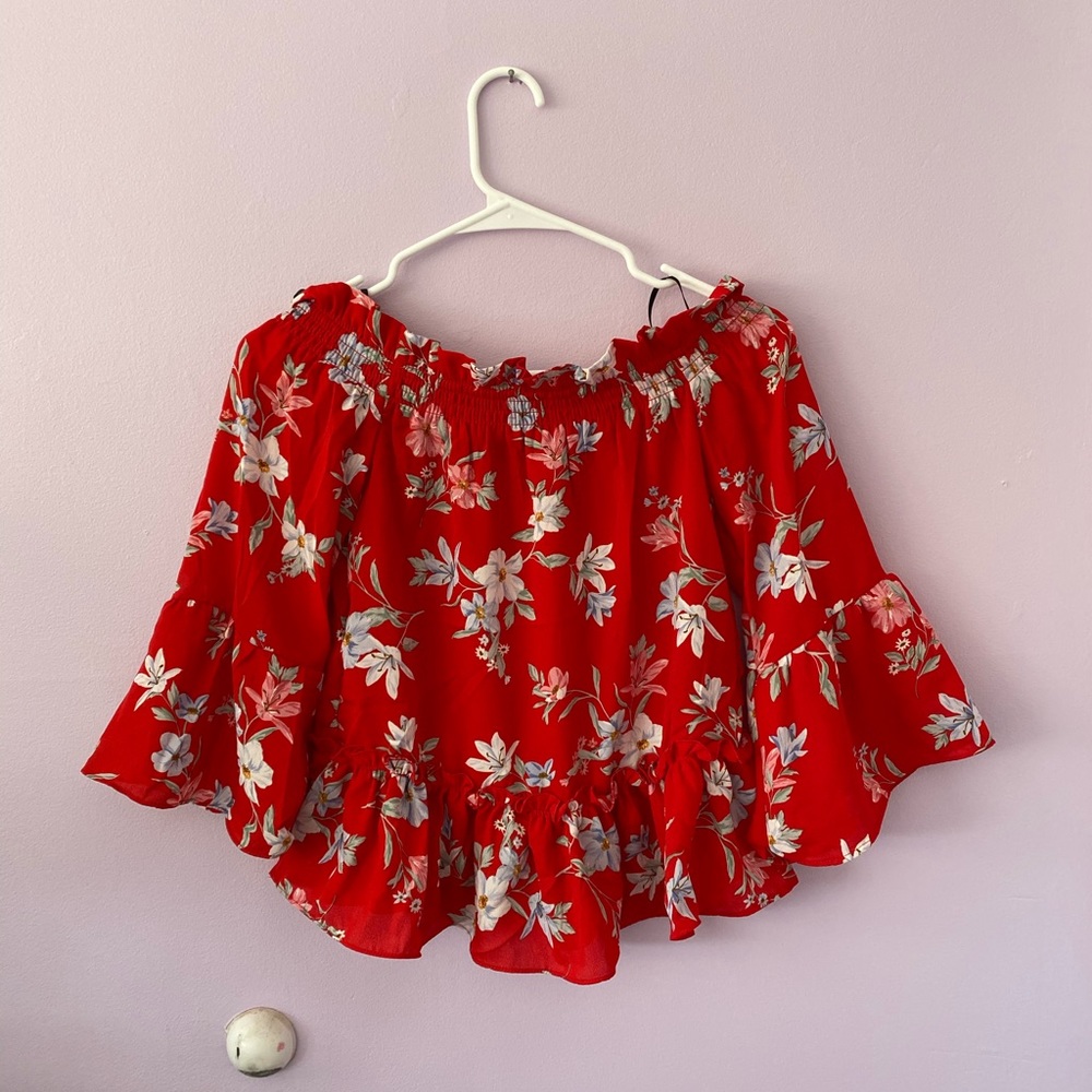 Red flower off the shoulder blouse